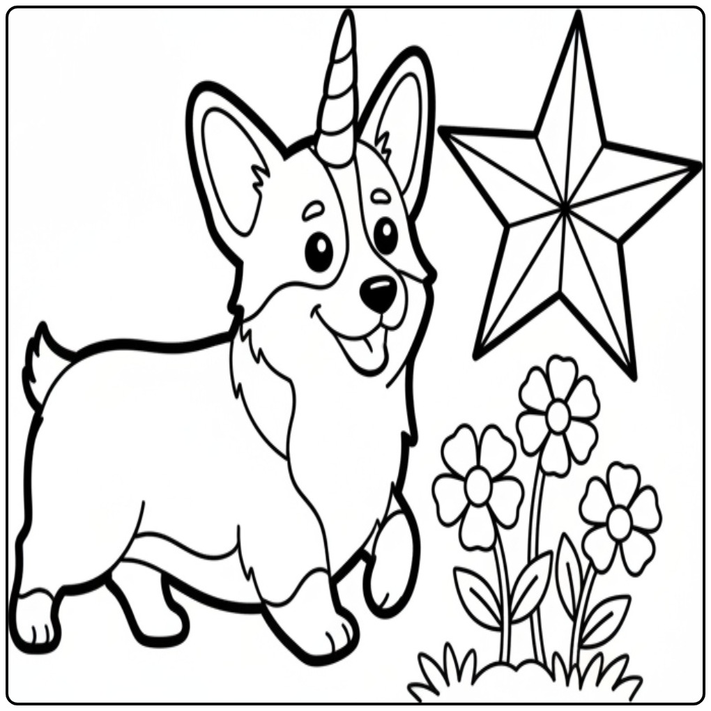 Desenho fofo de um cachorro unicórnio para colorir com estrela.