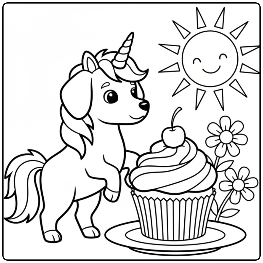 Desenho de um cachorro unicórnio para colorir com um cupcake.