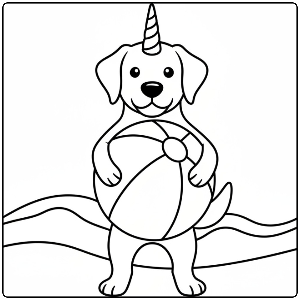Desenho de um cachorro unicórnio para colorir com uma bola.