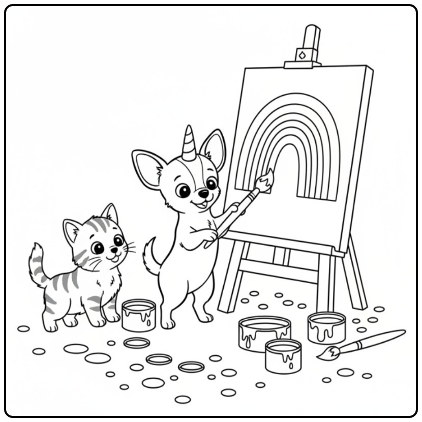 Desenho de um fofo cachorro unicórnio para colorir com seu amigo gato.
