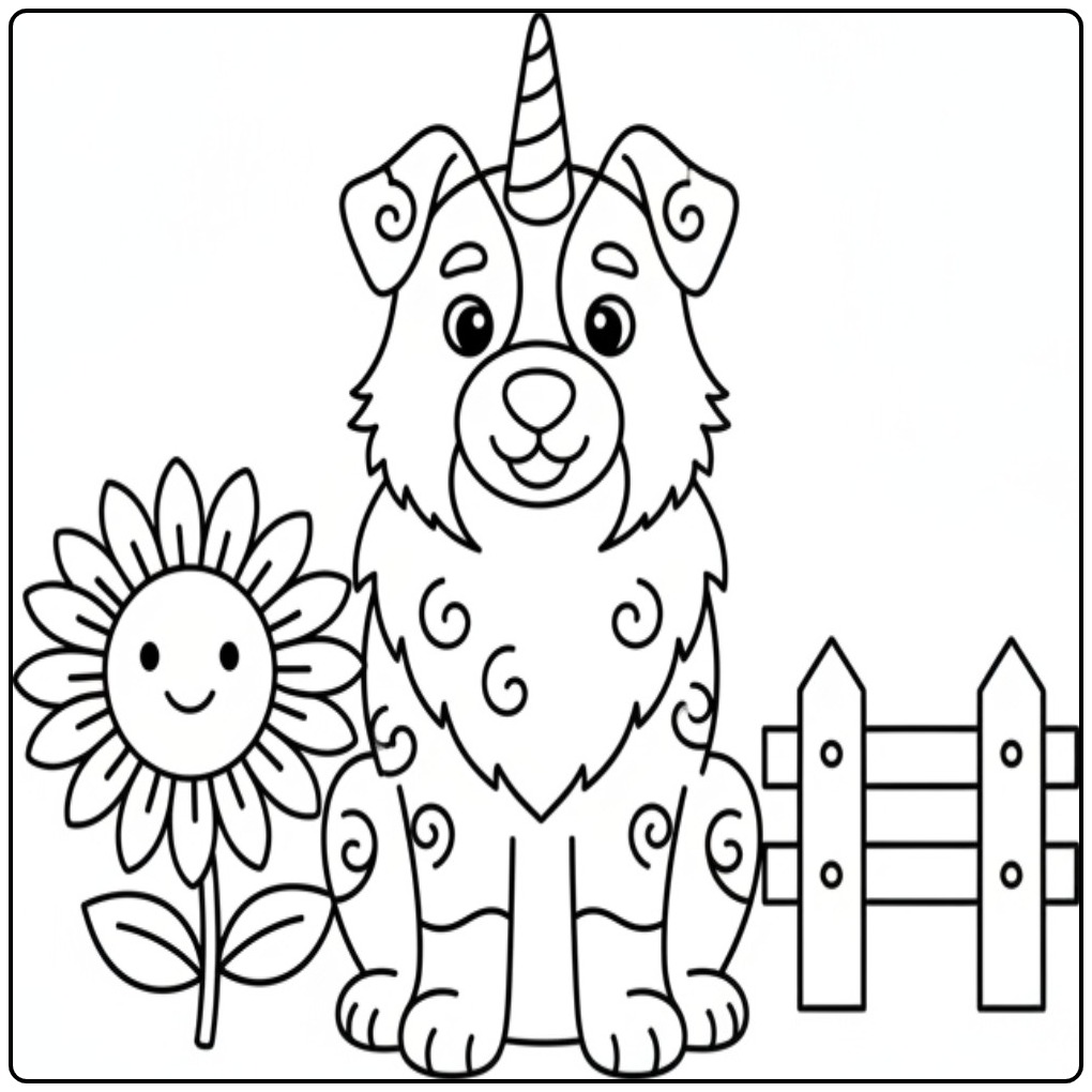 Desenho de um fofo cachorro unicórnio para colorir com girassol.