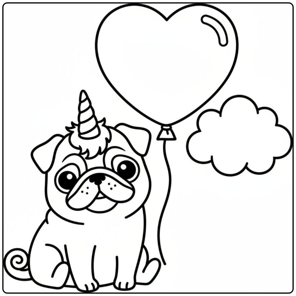 Desenho fofo de um cachorro unicórnio para colorir com balão.