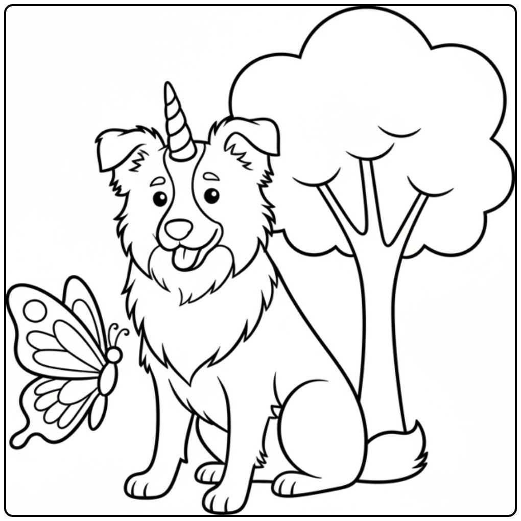 Desenho de um fofo cachorro unicórnio para colorir e uma borboleta.