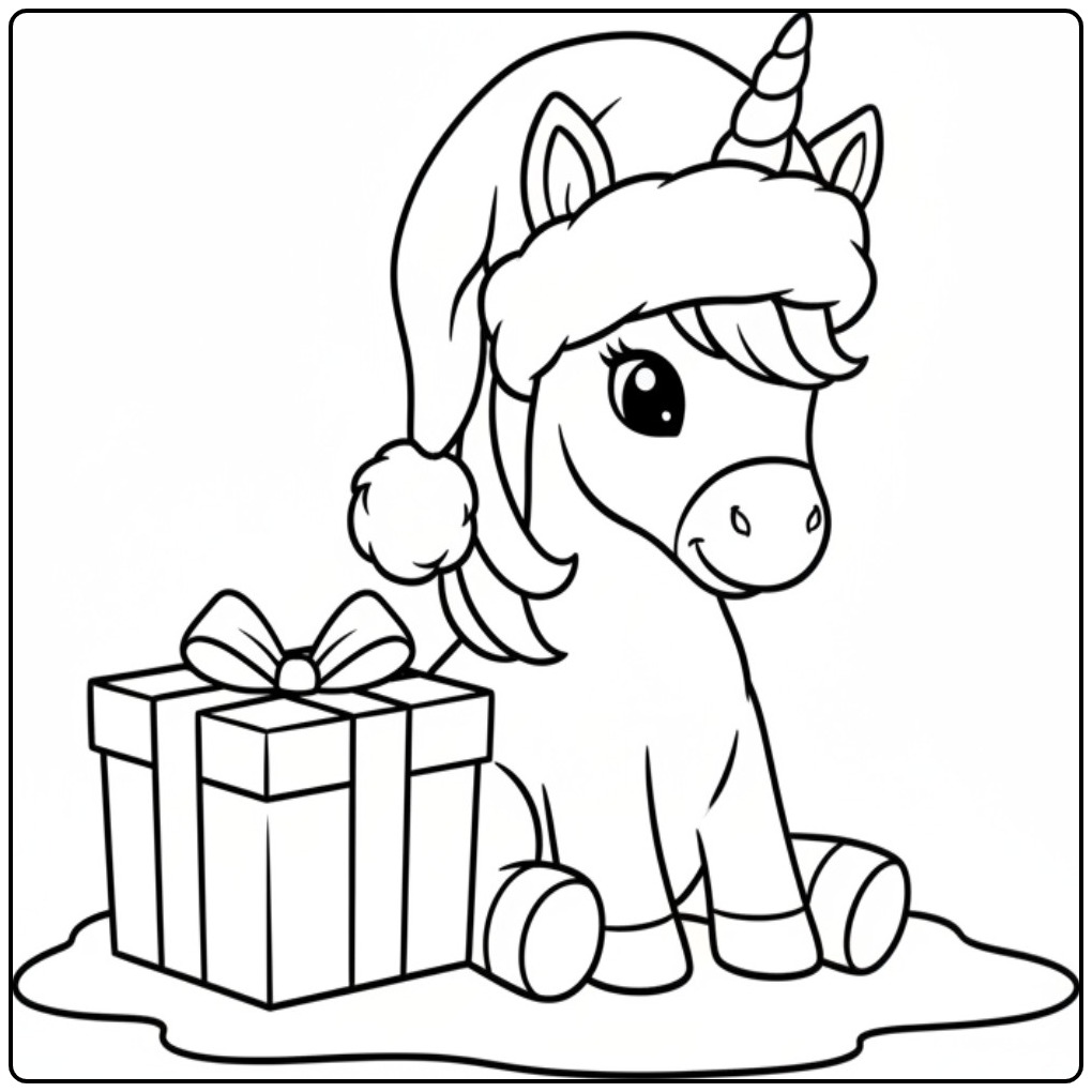 Um fofo unicornio de natal para colorir sentado ao lado de um presente.