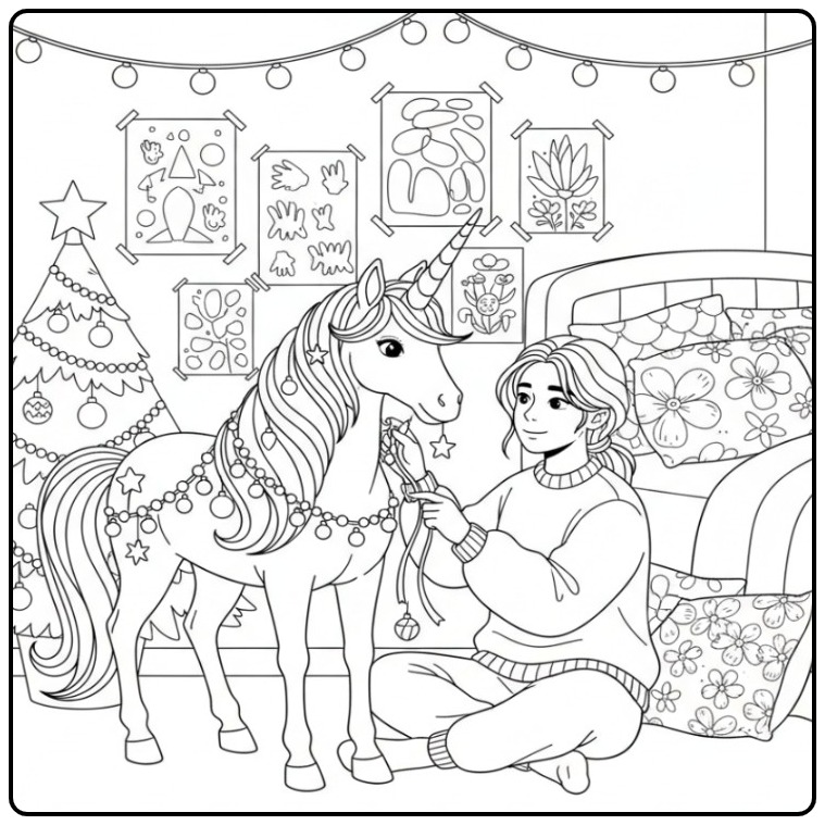 Uma menina decora seu amigo em um unicornio de natal para colorir.