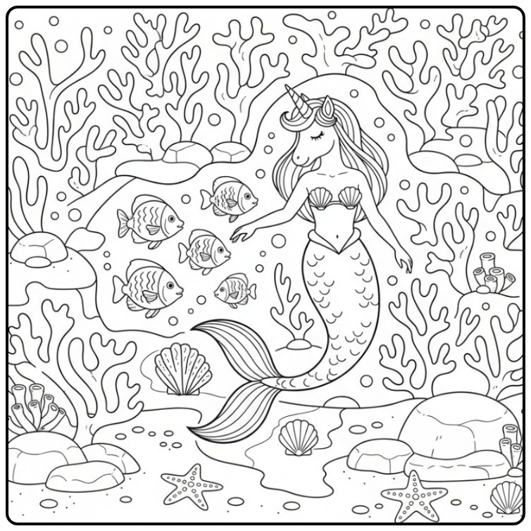 Desenho de uma unicórnio sereia para colorir no fundo do mar.