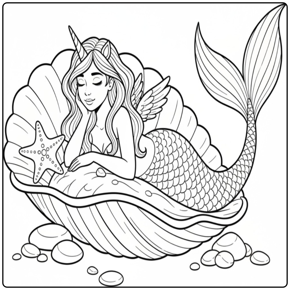 Desenho de um unicórnio sereia para colorir dentro de concha.