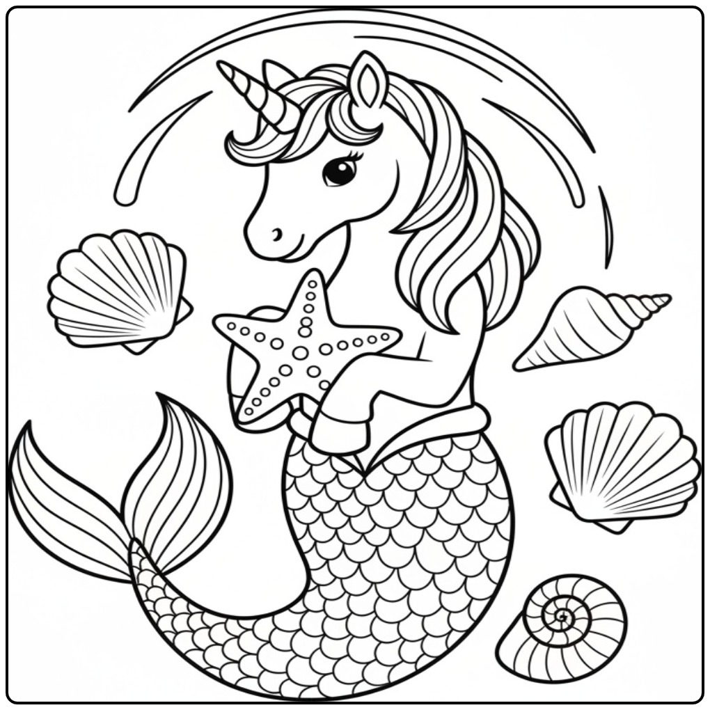 Desenho fofo de um unicórnio sereia para colorir com conchas.