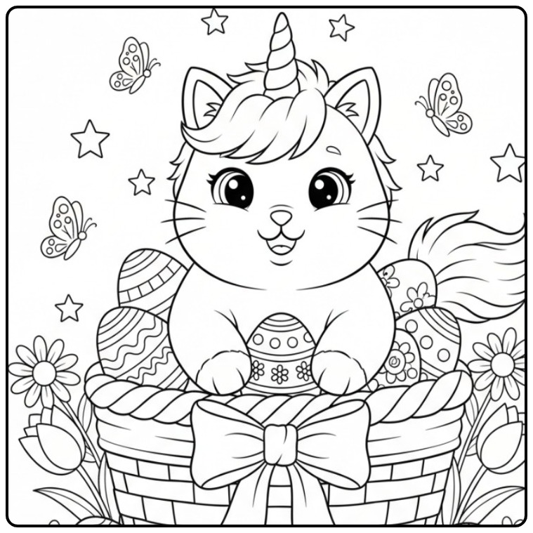 Desenho fofo Para colorir gato unicórnio de Páscoa em cesta.