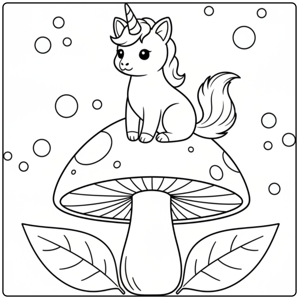 Desenho de um fofo gato unicórnio para colorir em um cogumelo.