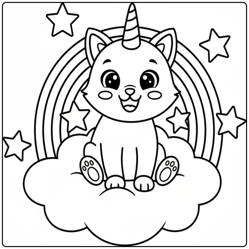 Desenho fofo de um gato unicórnio para colorir com arco-íris.
