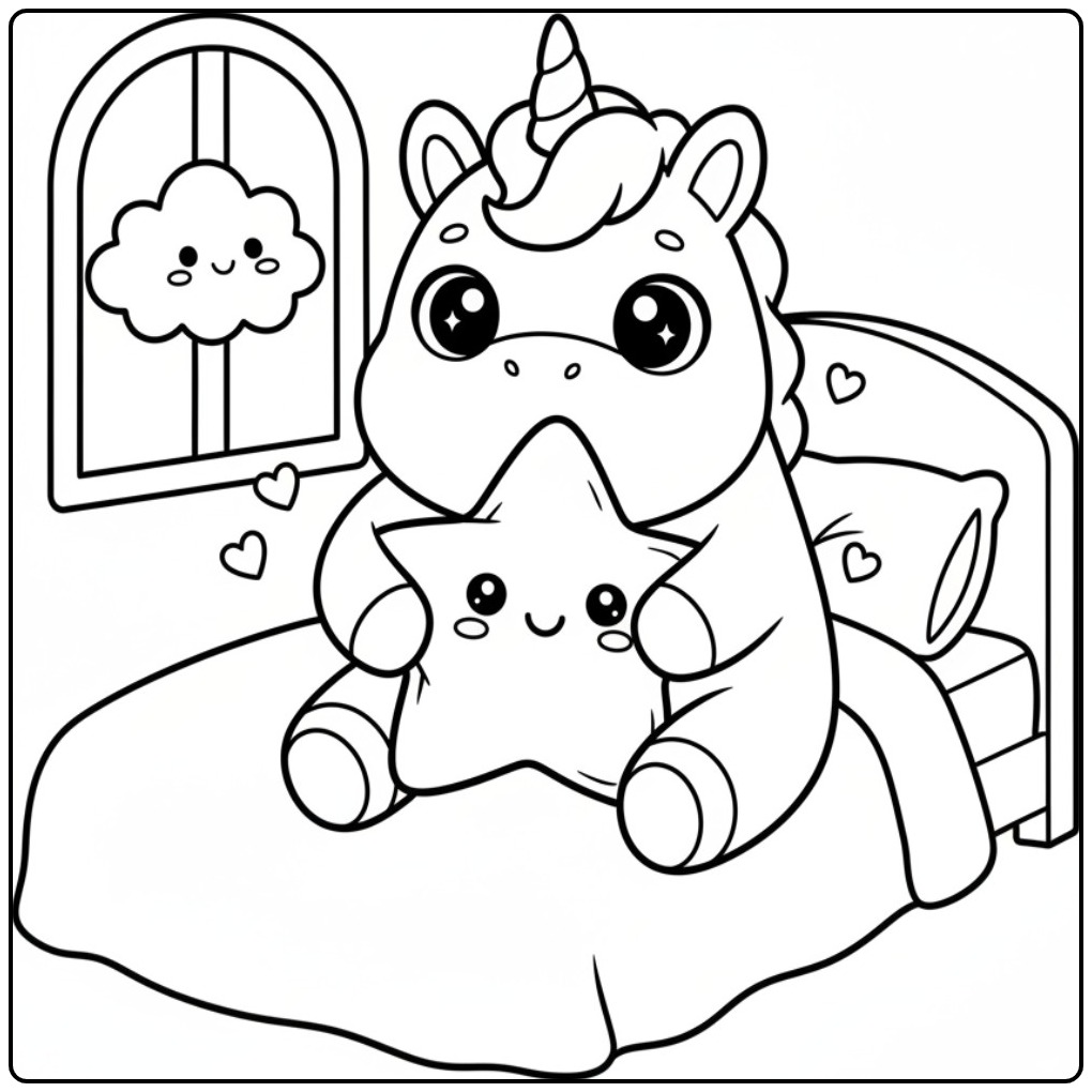 Um fofo kawaii unicórnio para colorir em seu quarto de dormir.