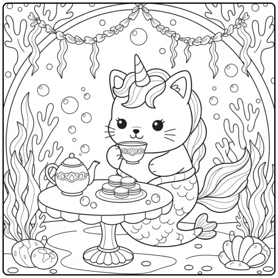 Desenho de Para colorir gato unicórnio sereia tomando chá.