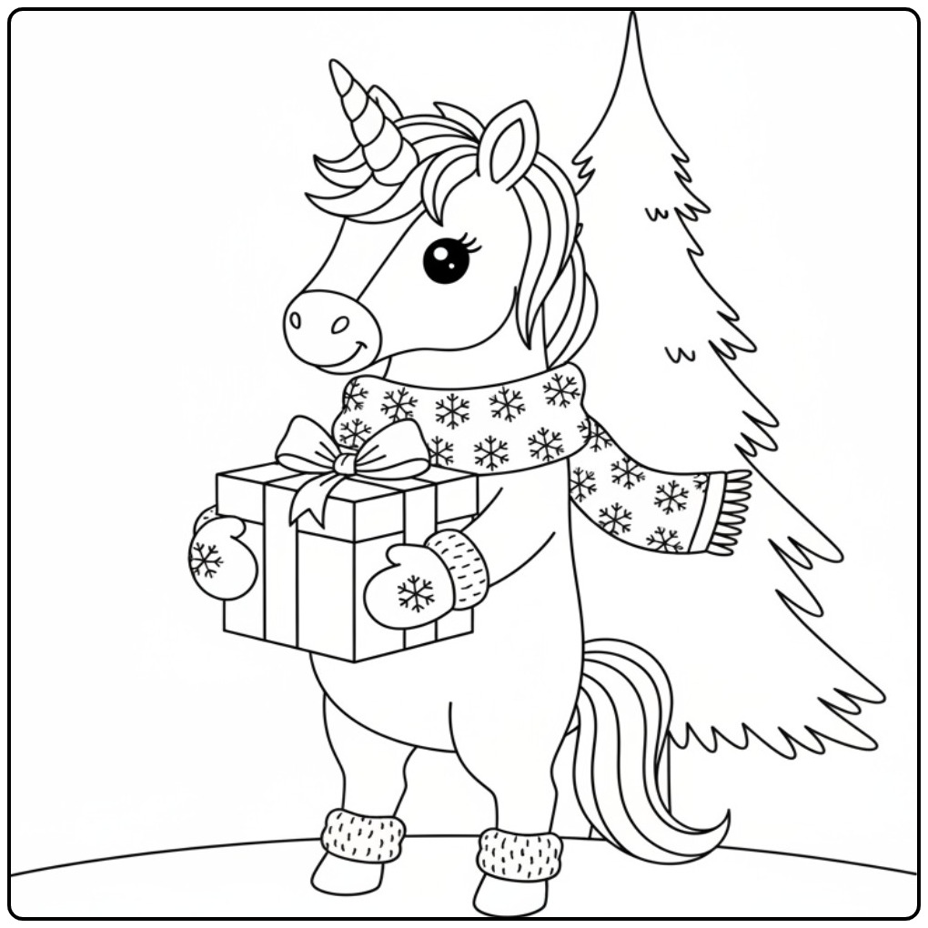 Desenho de um fofo unicornio de natal para colorir com presente.