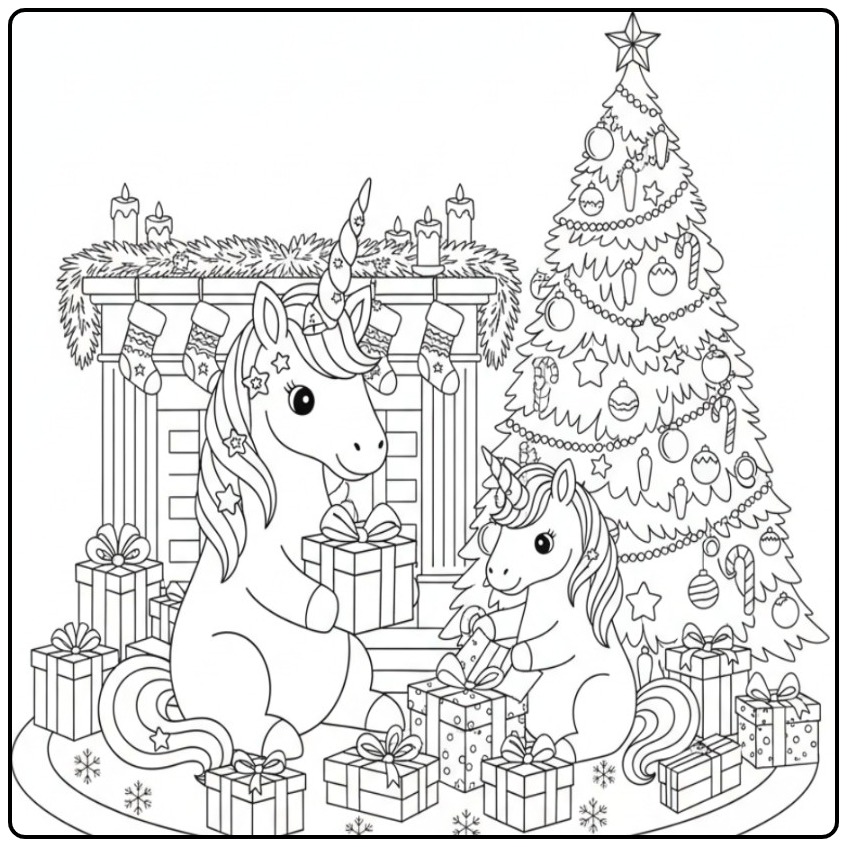 Uma mamãe e um filhote, um unicornio de natal para colorir.