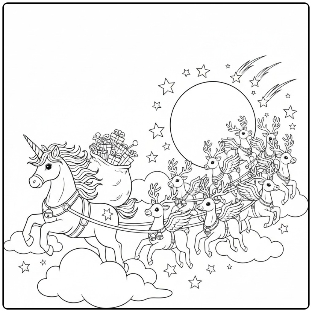 Desenho de um unicornio de natal para colorir puxando um trenó