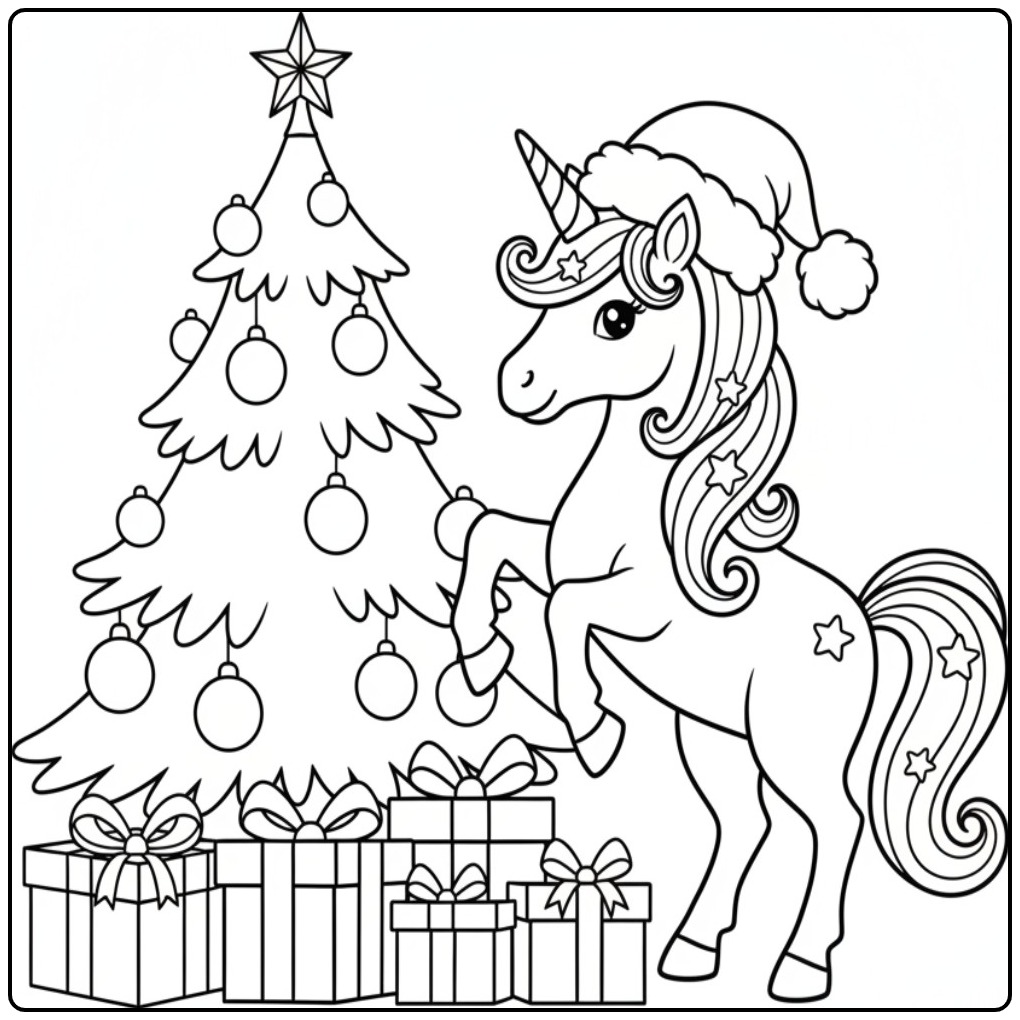 Desenho fofo de um unicornio de natal para colorir e pintar.
