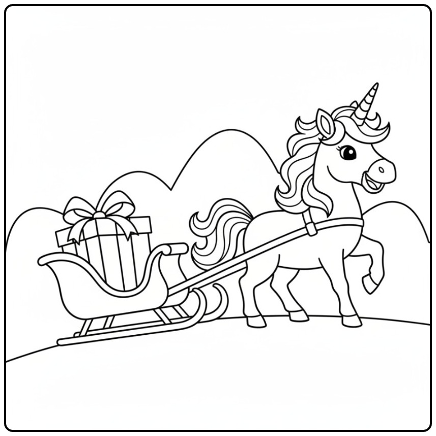 Desenho fofo de unicornio de natal para colorir puxando trenó.