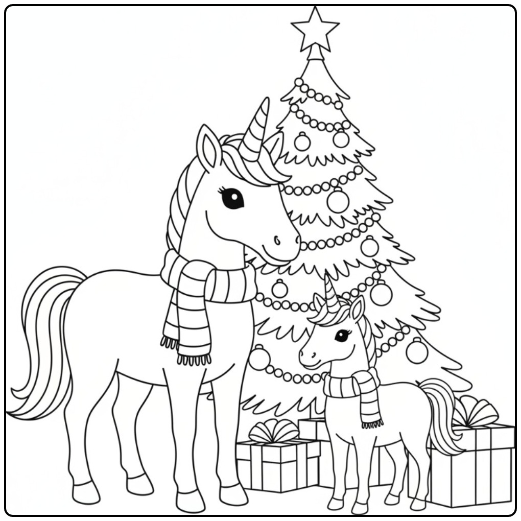 Desenho de uma família de unicornio de natal para colorir.