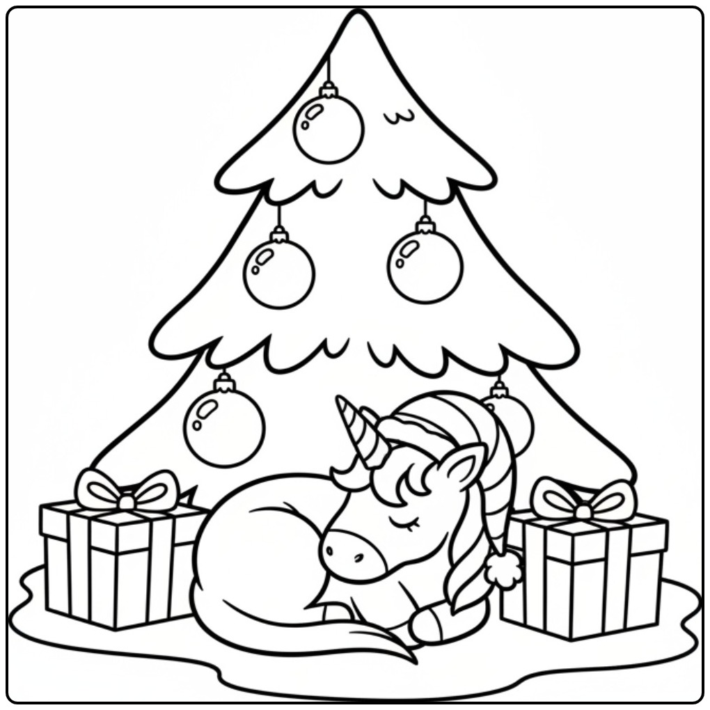 Um fofo unicornio de natal para colorir dormindo sob a árvore.
