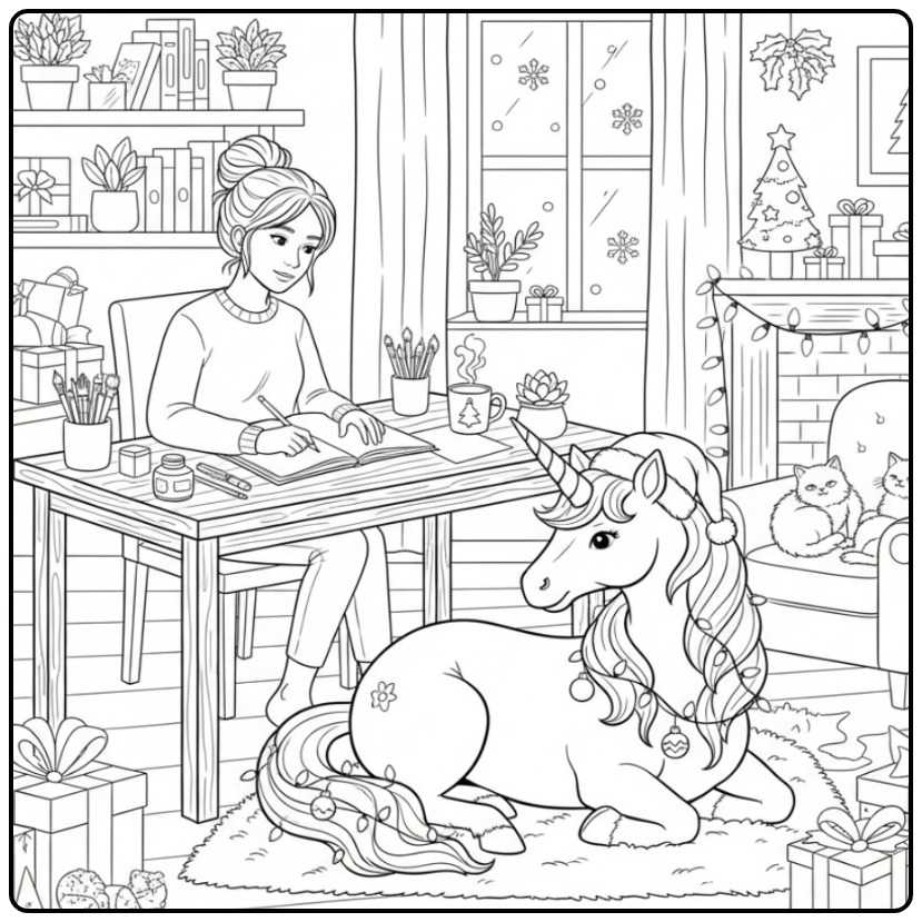 Uma moça desenha um belo unicornio de natal para colorir.