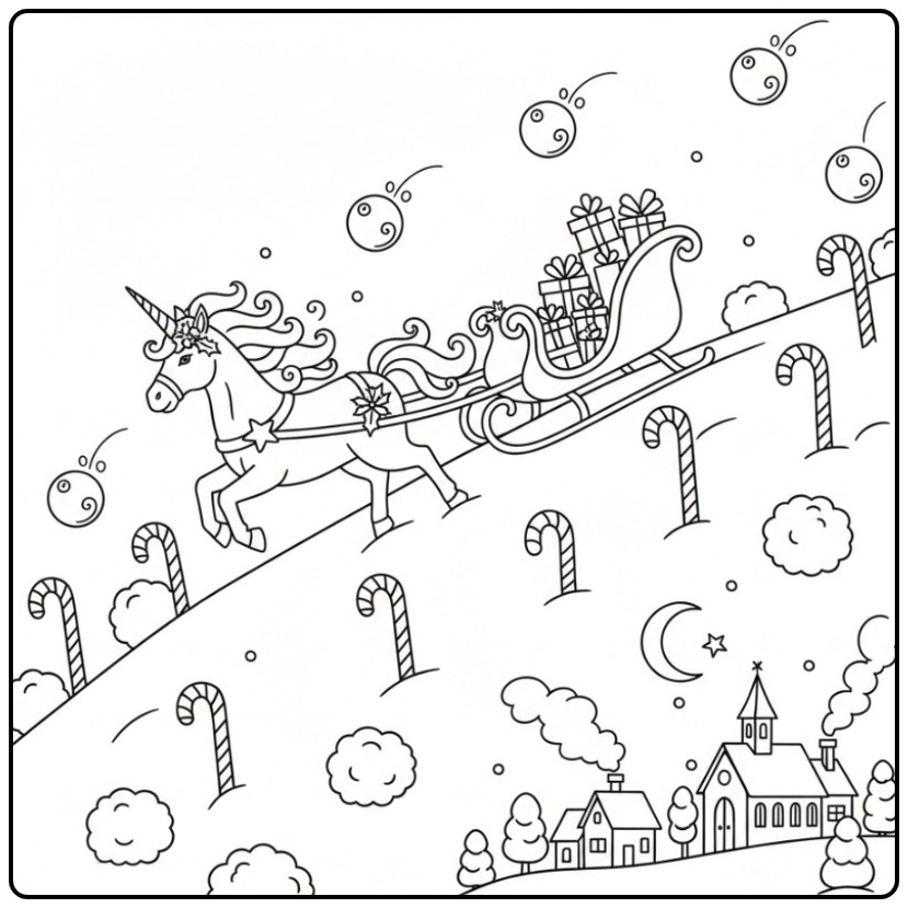 Desenho de um unicornio de natal para colorir puxando um trenó.
