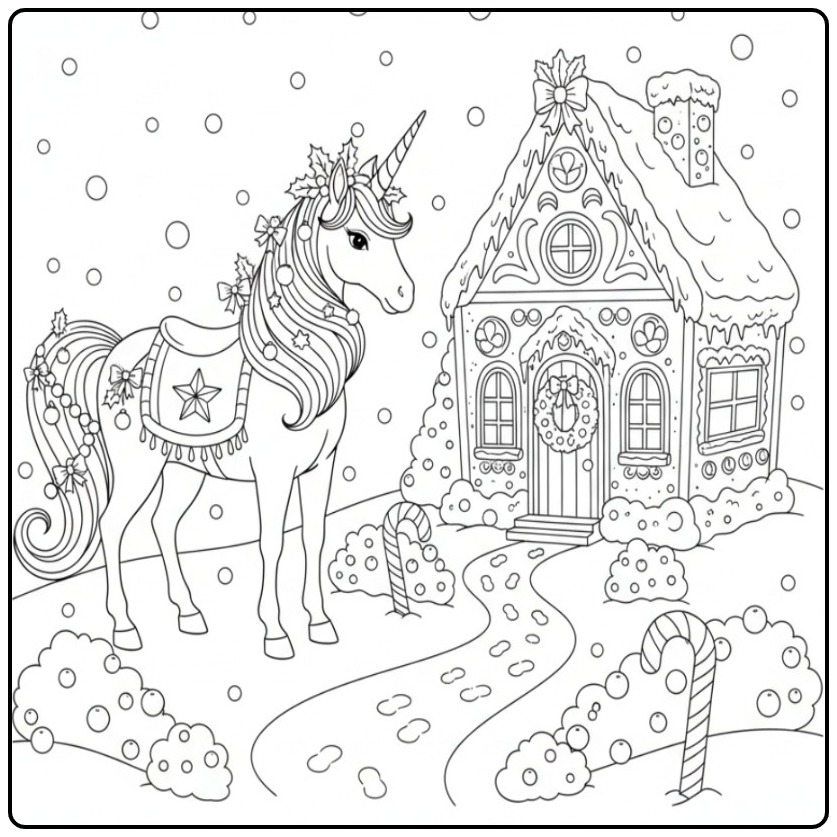 Desenho fofo de unicornio de natal para colorir com neve.