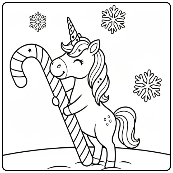 Um fofo unicornio de natal para colorir segurando um doce.