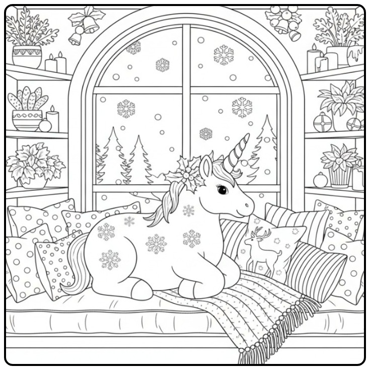 Desenho de um unicornio de natal para colorir sentado na janela.