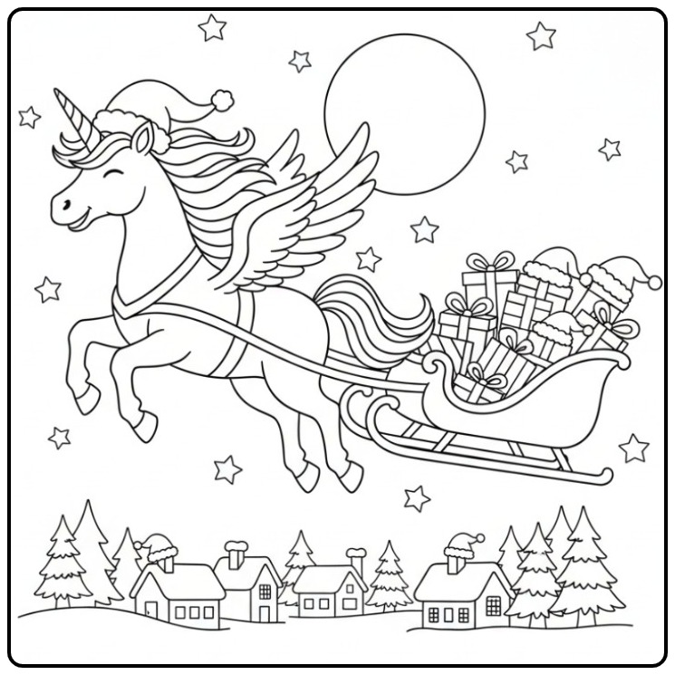 Desenho de um unicornio de natal para colorir puxando um trenó.