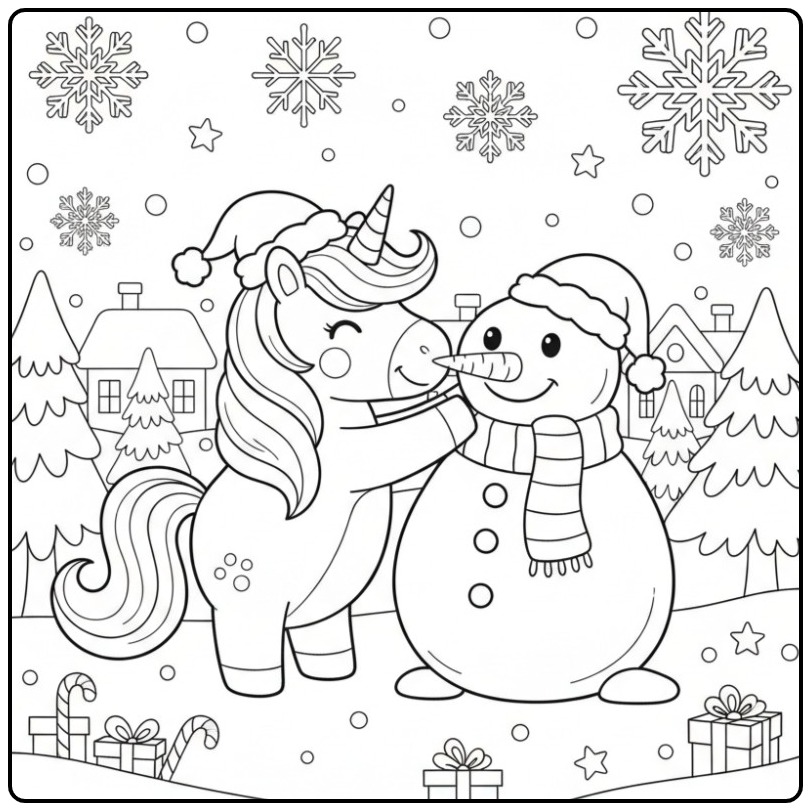 Amigos na neve: Unicórnio de Natal e boneco de neve para colorir.