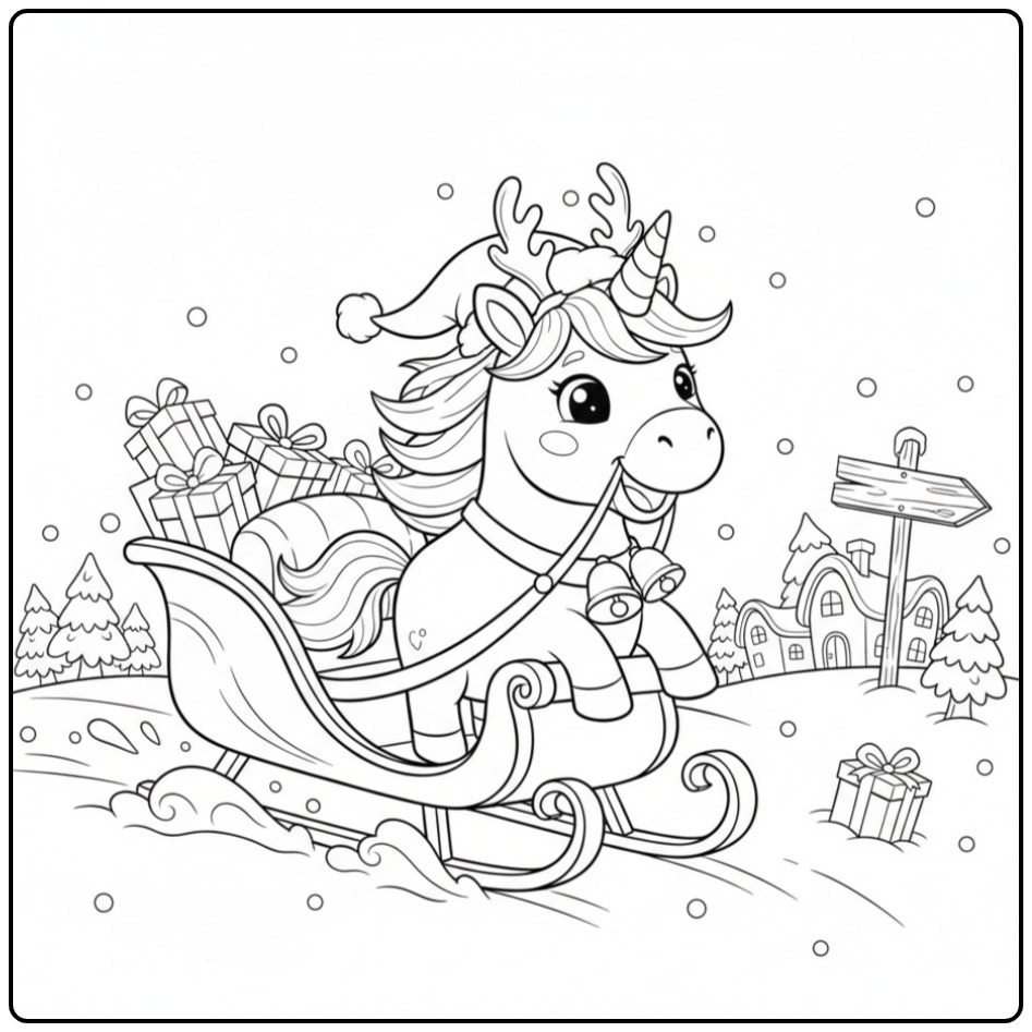 Desenho de Unicórnio de Natal em passeio de trenó para colorir