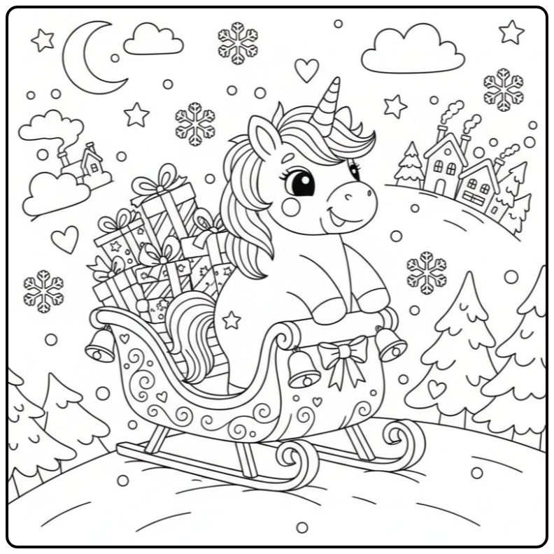 Fofo Unicórnio de Natal em passeio de trenó para colorir na neve.