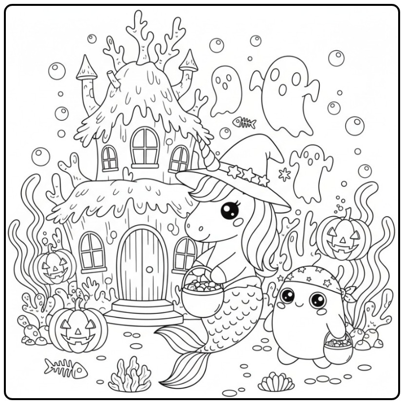 Desenho fofo de um unicórnio sereia de Halloween para colorir.