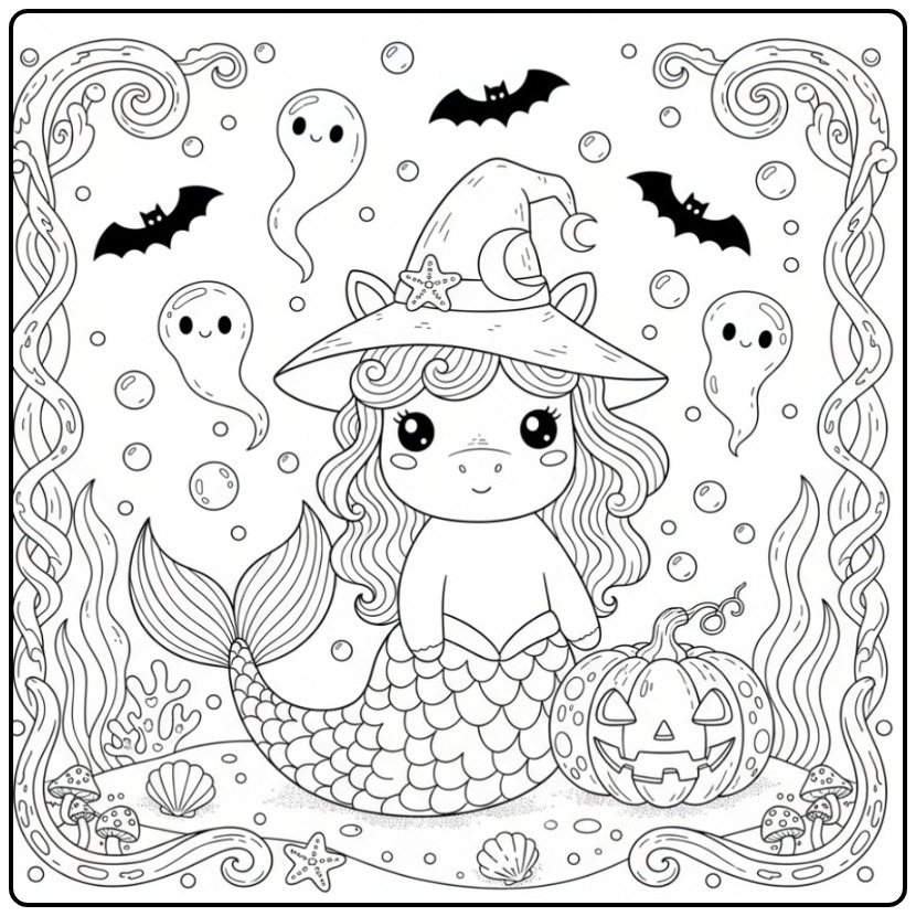 Desenho fofo de um unicórnio sereia de Halloween para colorir.