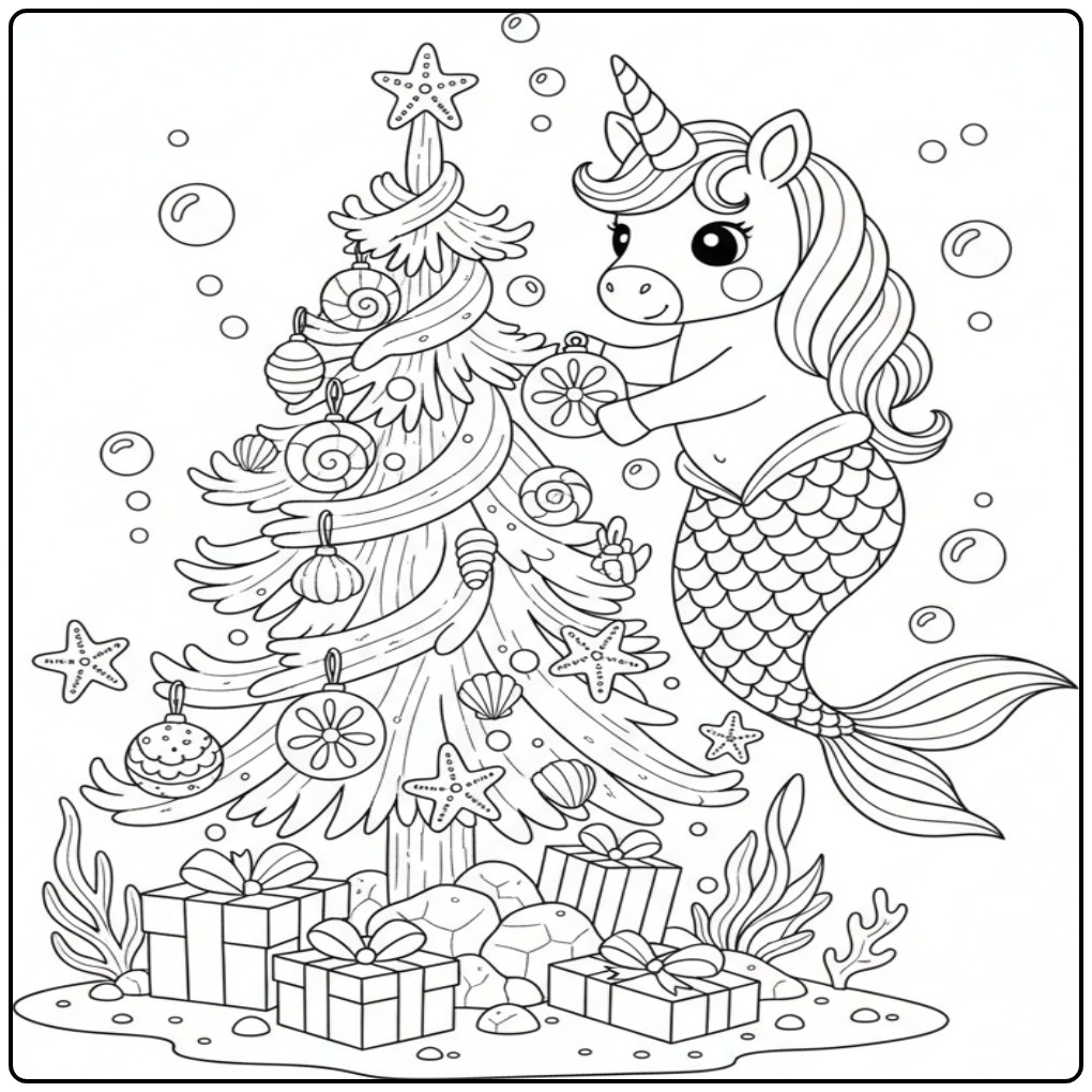 Desenho fofo de um unicórnio sereia de Natal para colorir.