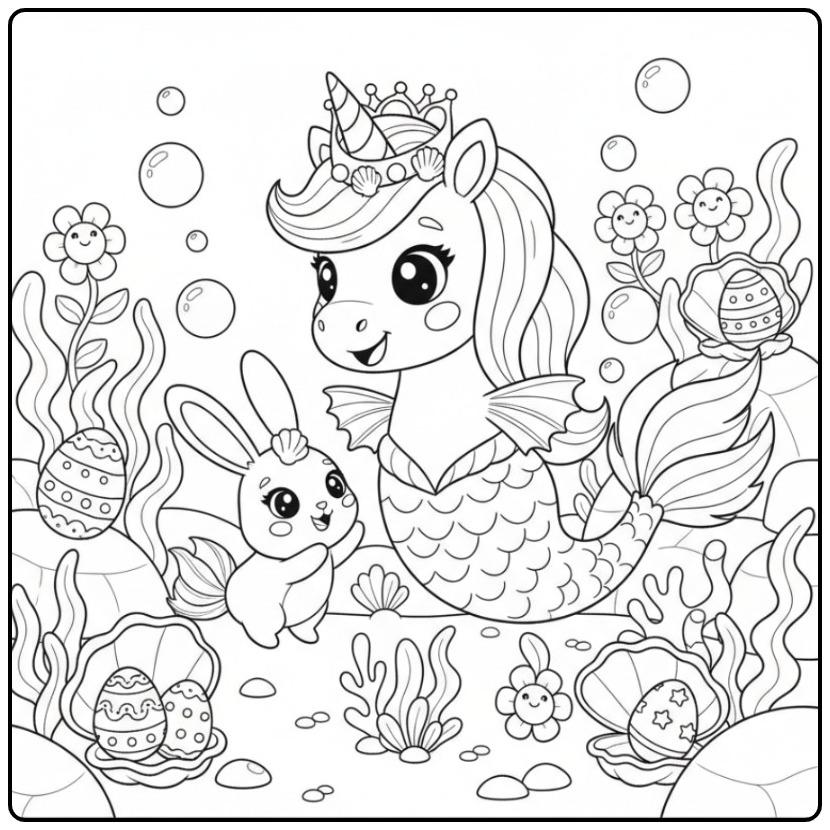 Desenho de um unicórnio sereia de Páscoa para colorir no mar.
