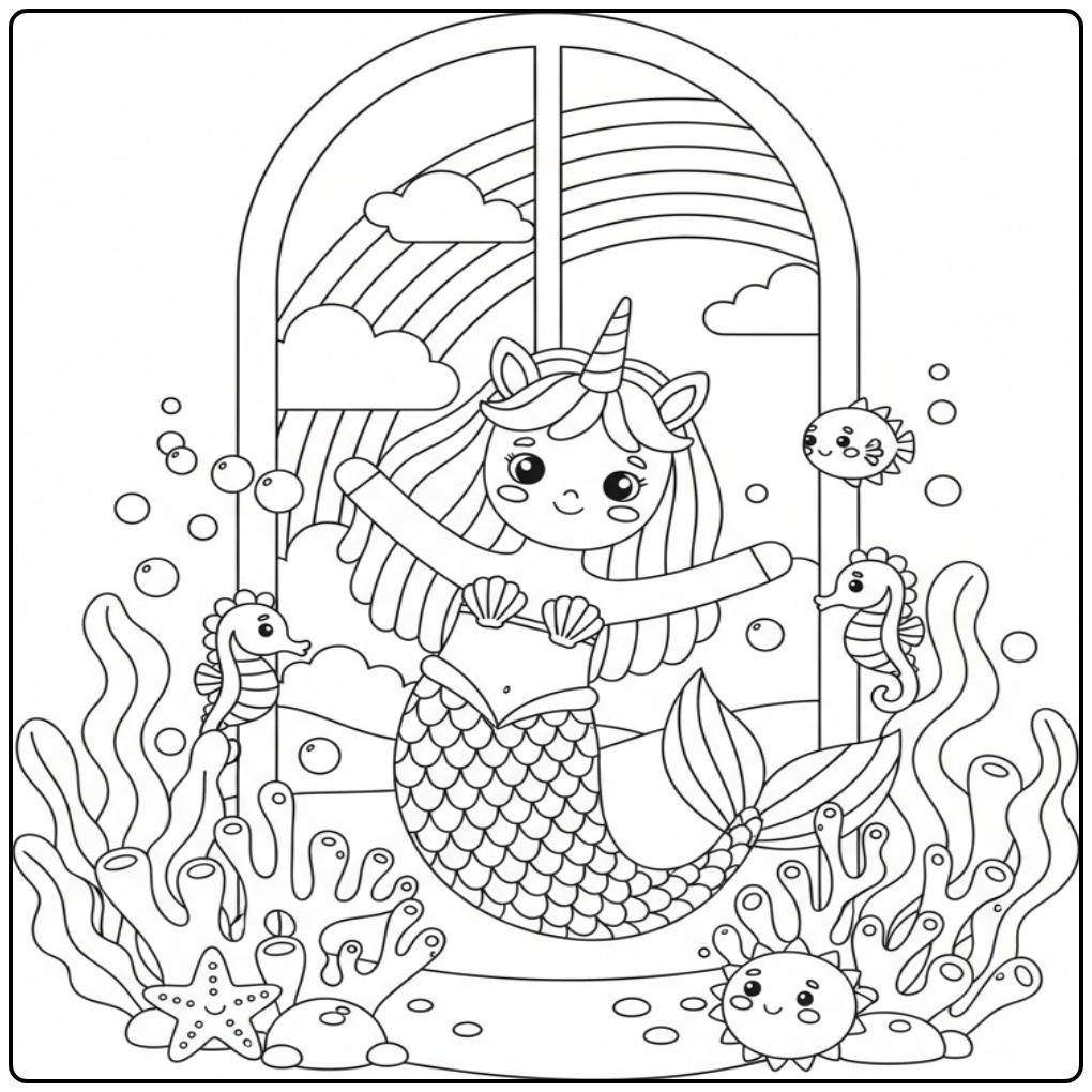 Desenho de unicórnio sereia e arco-íris para colorir na água.