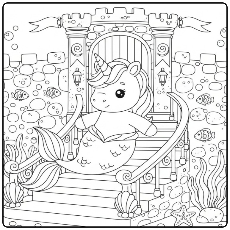 Desenho fofo de unicórnio sereia e castelo submarino para colorir.