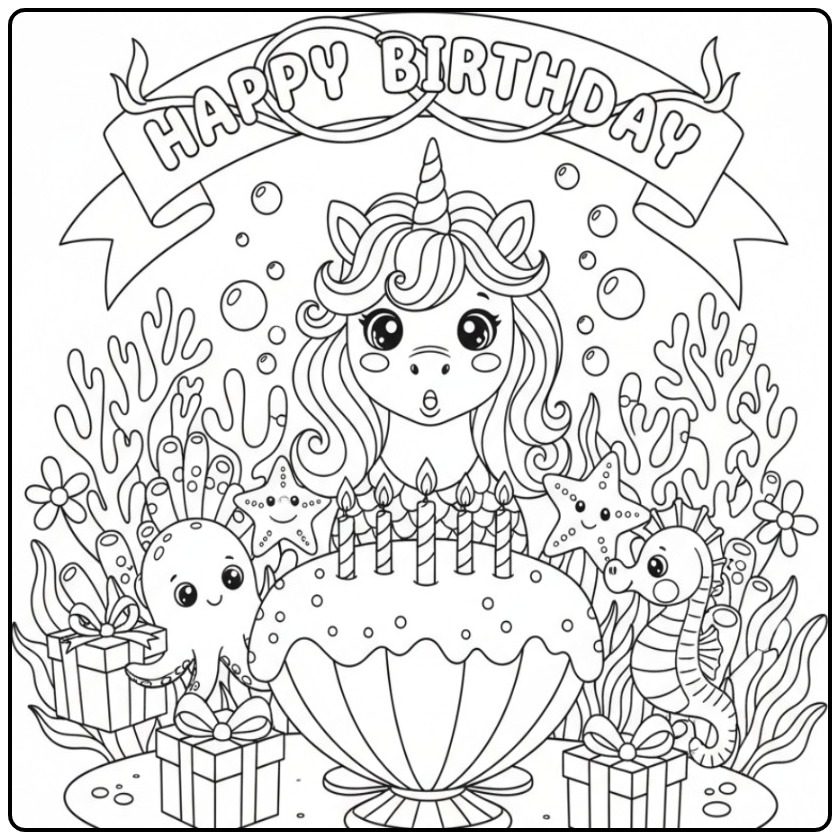 Desenho de um unicórnio sereia em festa de aniversário para colorir.
