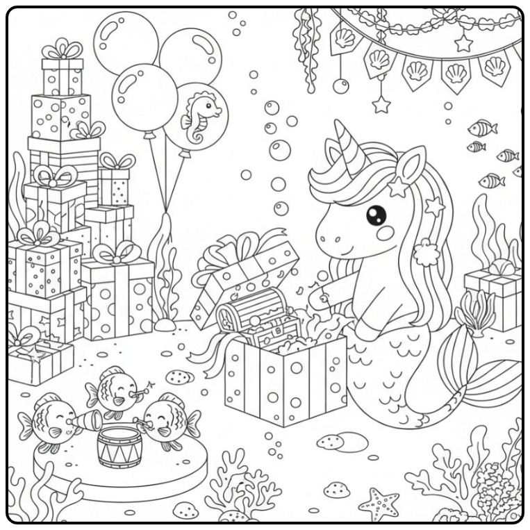Desenho de unicórnio sereia em festa de aniversário para colorir.