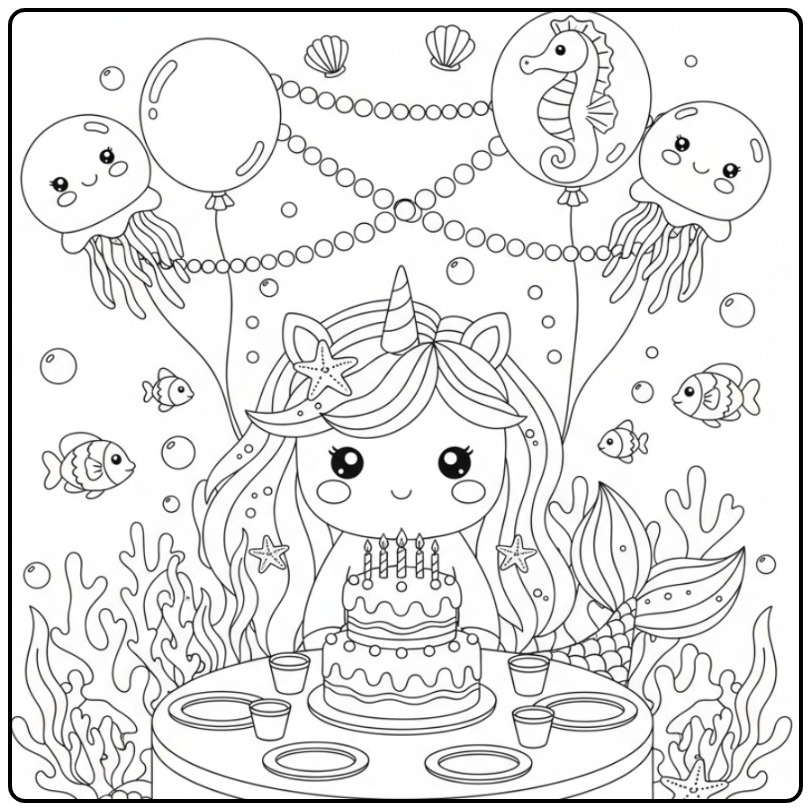 Desenho de unicórnio sereia em festa de aniversário para colorir.