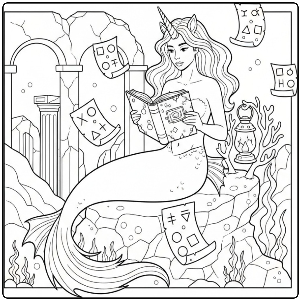 Desenho de unicórnio sereia para colorir lendo um livro mágico.