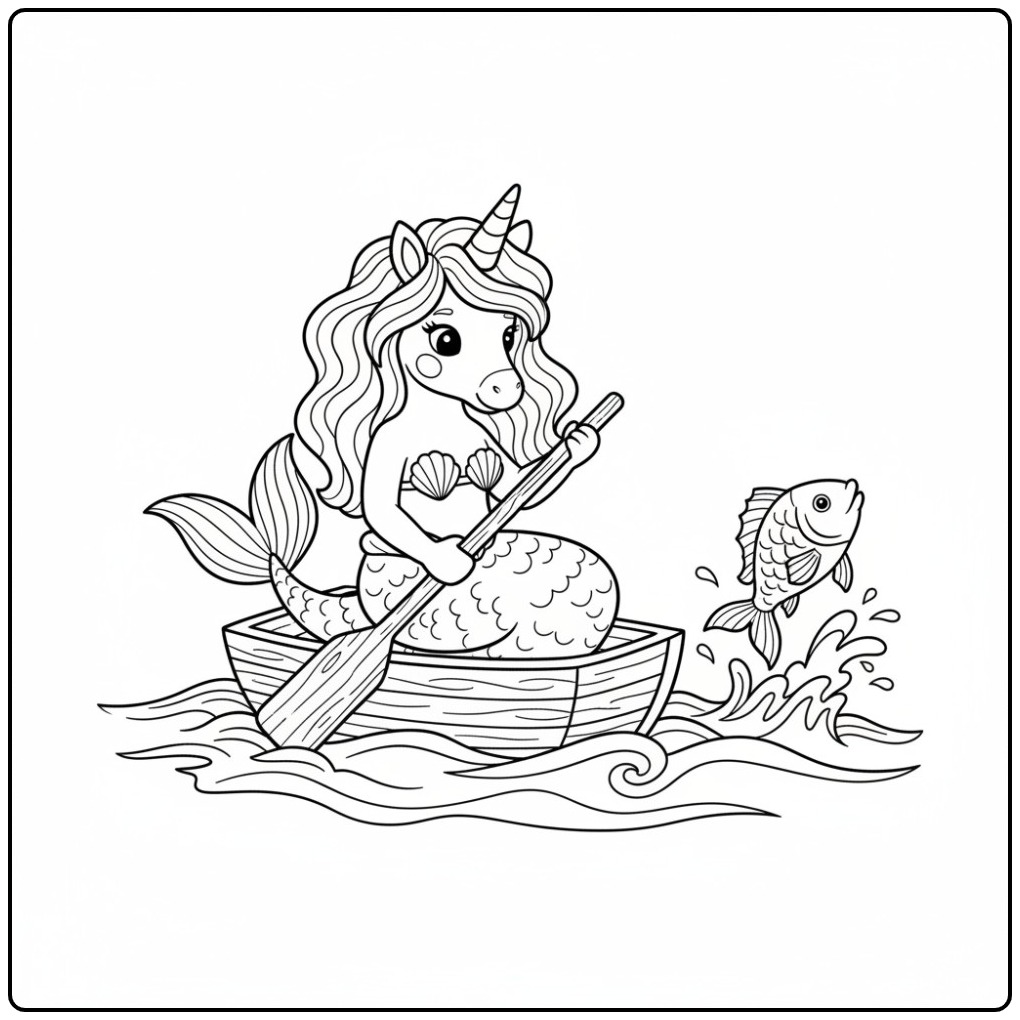 Desenho de unicórnio sereia para colorir remando um barco.