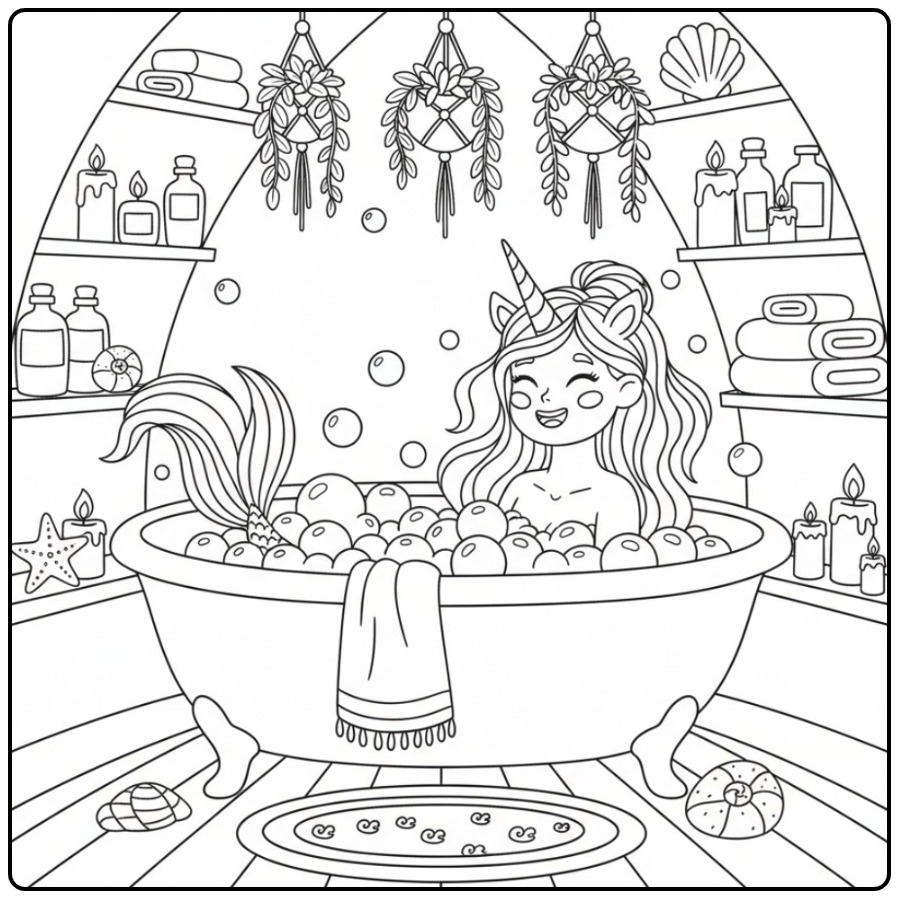 Desenho fofo de uma unicórnio sereia para colorir no banho.