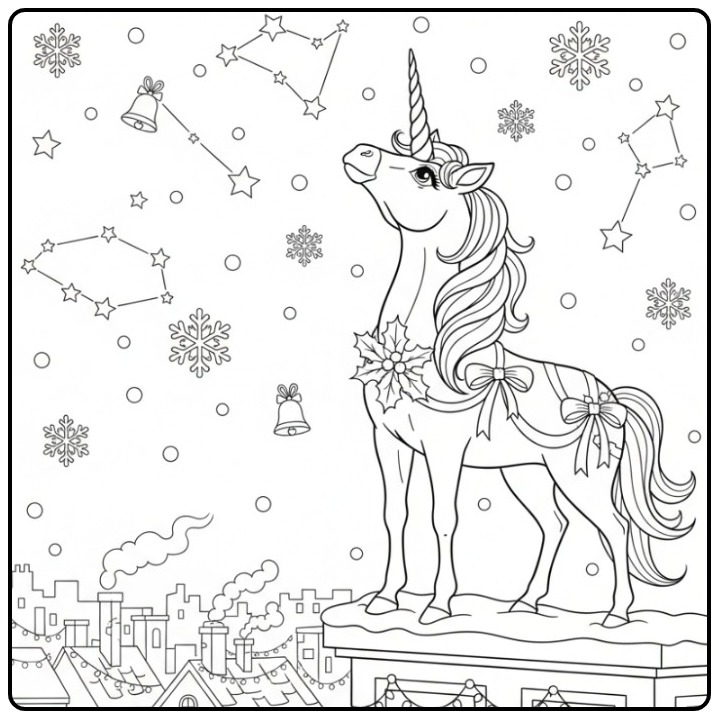 Lindo unicornio de natal para colorir em um telhado nevado.