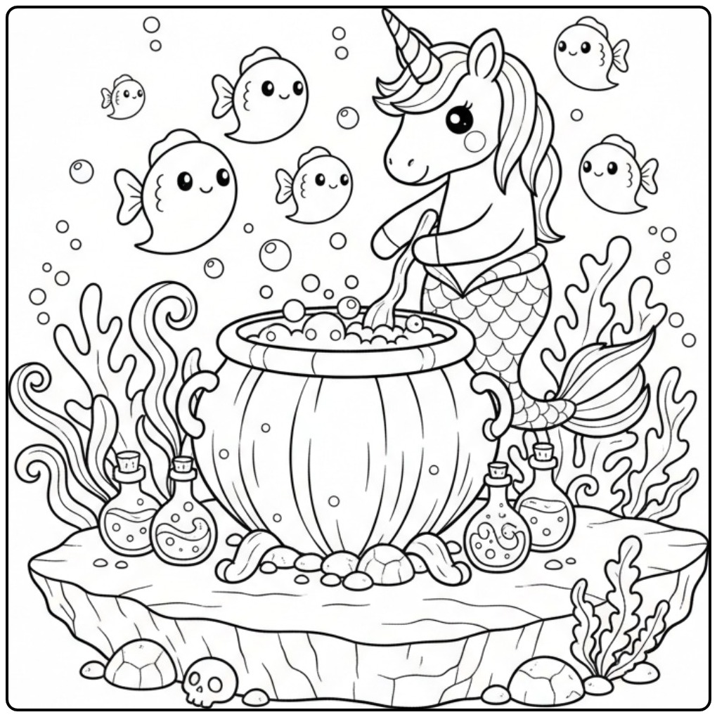 Desenho fofo de um unicórnio sereia de Halloween para colorir no mar.