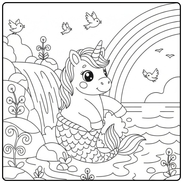 Desenho fofo de um unicórnio sereia e arco-íris para colorir.