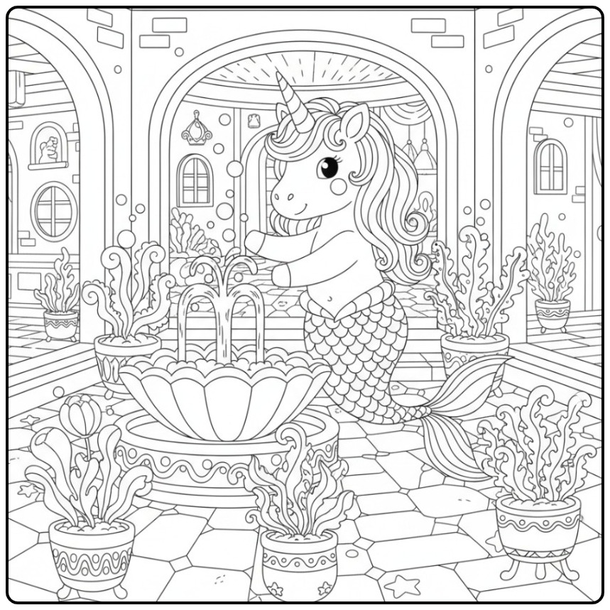 Lindo unicórnio sereia e castelo submarino para colorir.