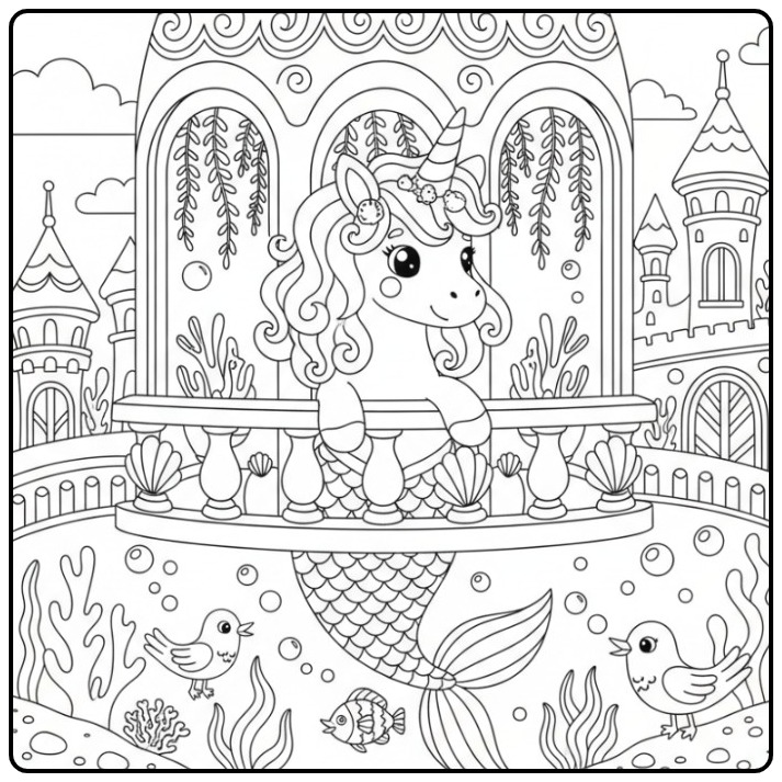 Desenho de unicórnio sereia e castelo submarino para colorir